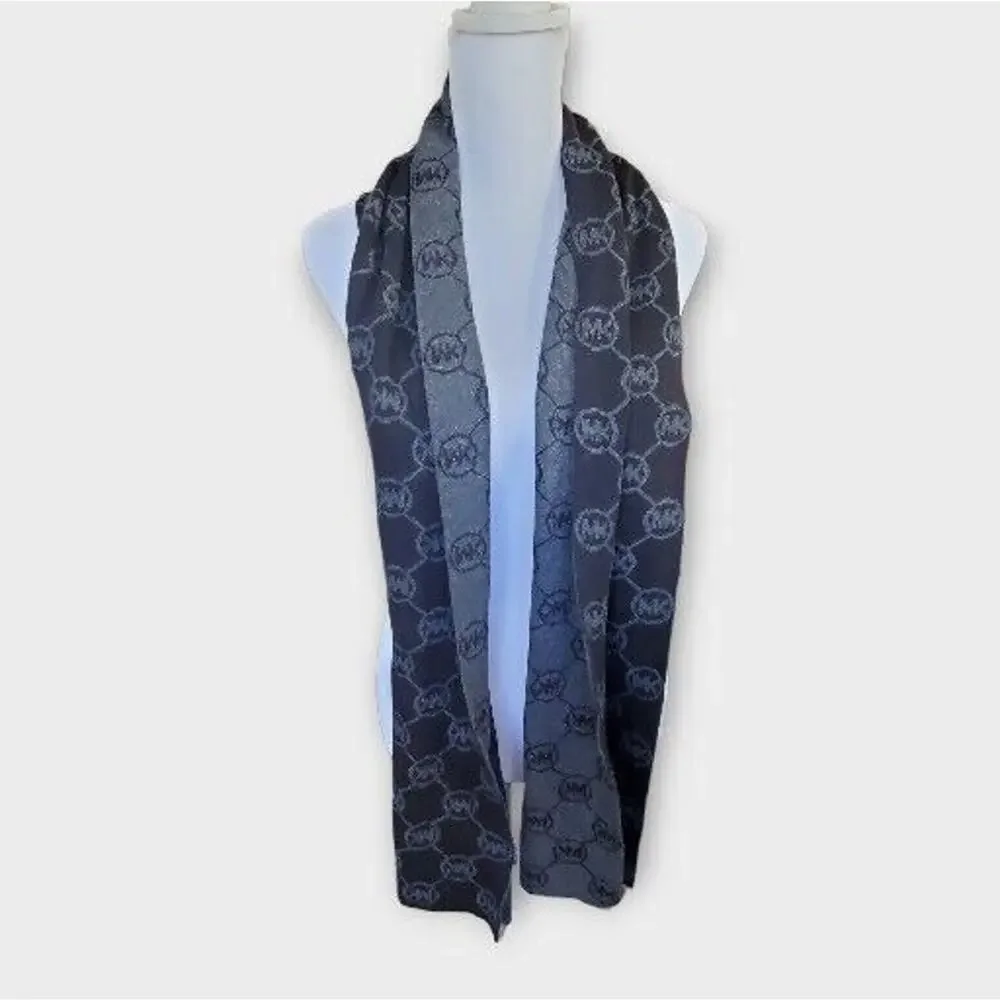 Michael Kors Signature Logo Black Gray Reversible Knit Scarf